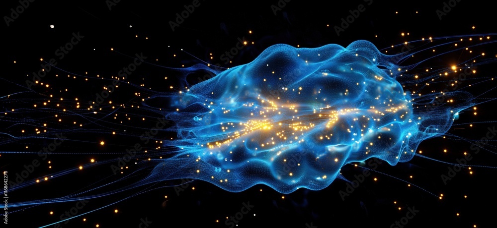 Poster abstract digital representation of cosmic energy with glowing particles and flowing lines, depicting