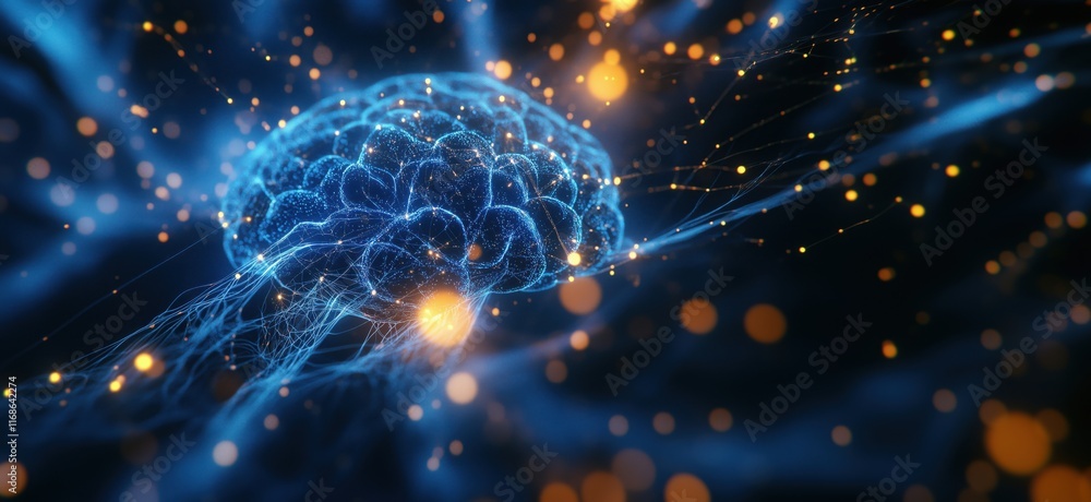 Poster neural network visualization with glowing brain and dynamic connections representing intelligence an