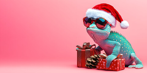 A Festive Chameleon in Sunglasses and Santa Hat with Christmas Gifts on a Pink Background