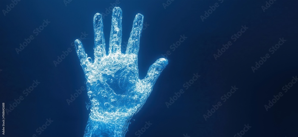 Poster hand submerged in water creating splash effect, showcasing fluid dynamics and motion, blue backgroun