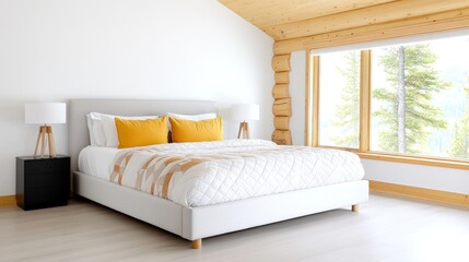 Modern bedroom with a cozy design and large windows.