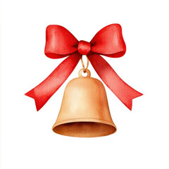 golden bell adorned with red silk ribbon, perfect for festive decor
