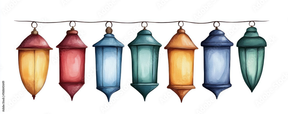 Poster Colorful lanterns hanging in sequence create festive atmosphere
