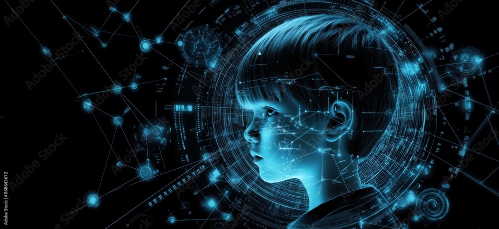 Poster futuristic digital portrait of a boy surrounded by glowing technology and data visualizations, repre
