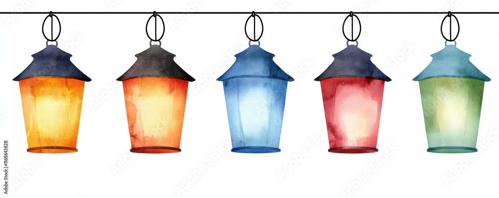Poster colorful lanterns hanging in sequence create festive atmosphere