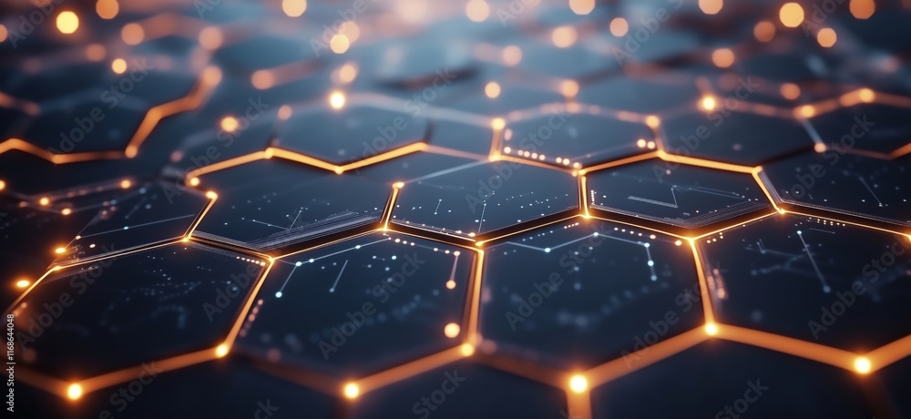 Poster hexagonal grid pattern illuminated with glowing lines and data visualizations, showcasing a futurist