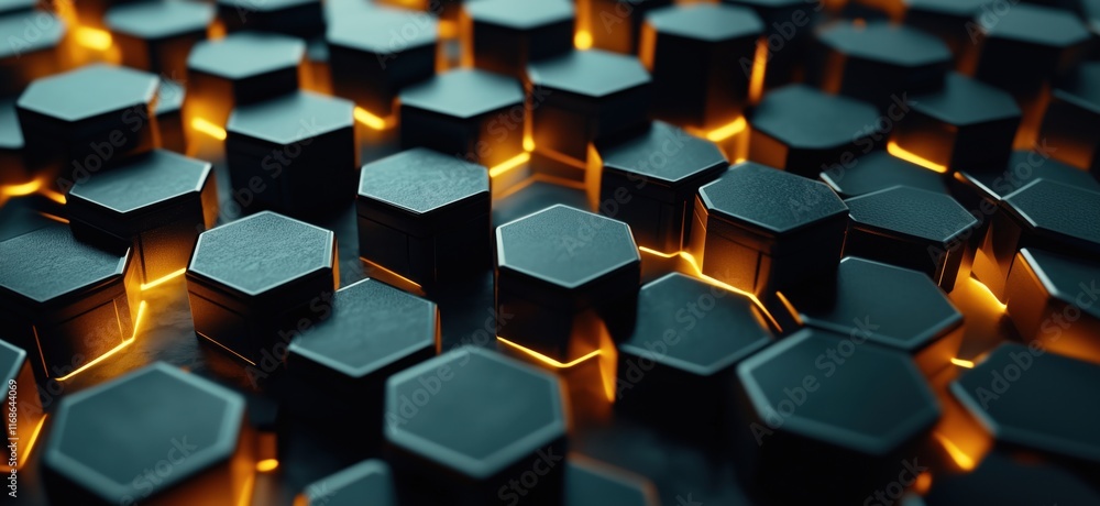 Poster hexagonal pattern with glowing edges, dark textured surface, modern design, abstract background, cop