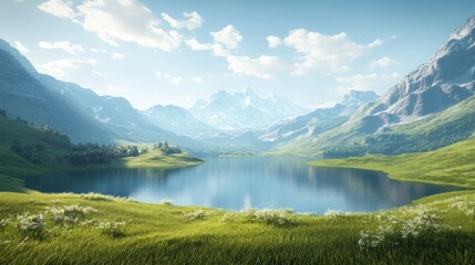 A stunning alpine landscape, green meadows sloping into a sparkling lake, framed by dramatic mountain ranges under a clear sky