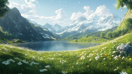 A stunning alpine landscape, green meadows sloping into a sparkling lake, framed by dramatic mountain ranges under a clear sky