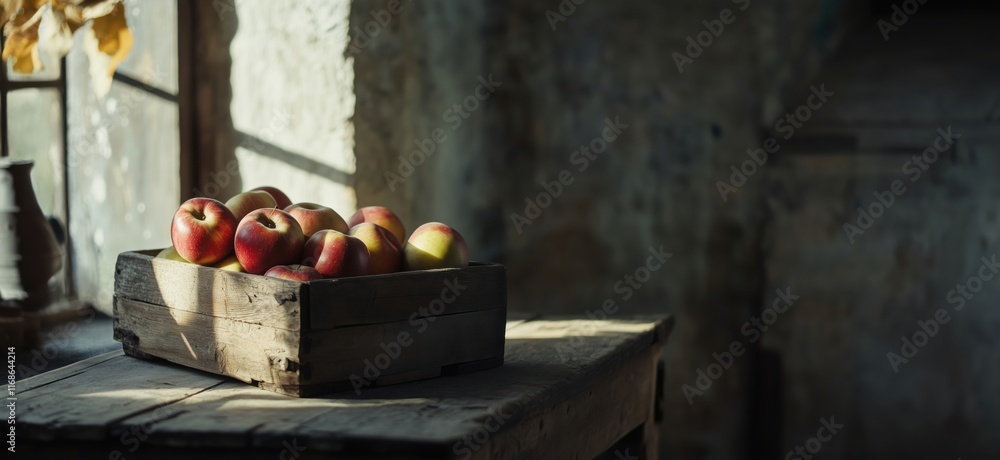 Poster fresh red apples in rustic wooden crate on table with natural light streaming through window, copy s