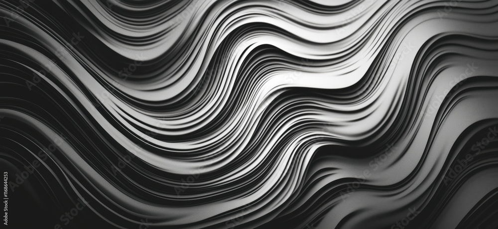 Poster Abstract black and white wavy lines creating a dynamic flowing pattern with depth and texture, copy space for text