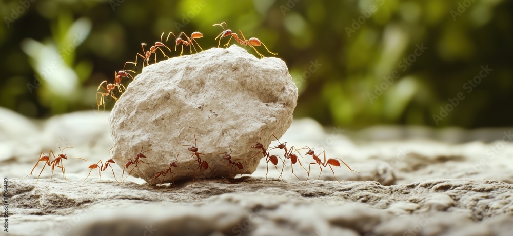 Poster ants collaborating to move large rock in natural environment, demonstrating teamwork and strength, c