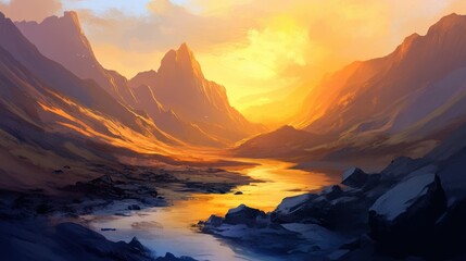 A sunrise view of a mountain ridge, golden light illuminating the peaks and a silent stream winding through a rocky landscape.