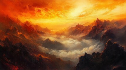 A sunset view at Huangshan, with clouds gently flowing through the valleys, glowing in golden and red hues as the last light touches the peaks.