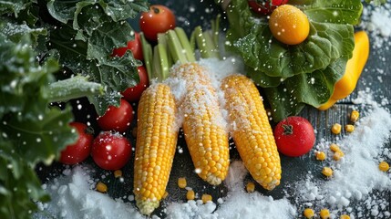 Fresh corn cobs and assorted vegetables dusted with snow on a dark wooden surface.