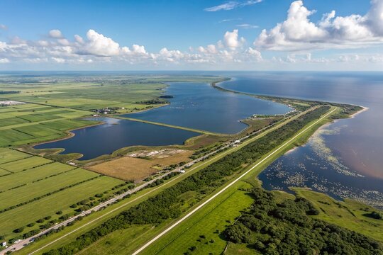 Aerial View of Lake Okeechobee, Florida, Showing its Unique Shape and Surrounding Landscape