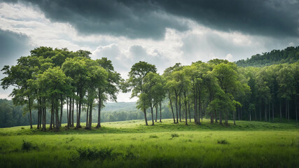 Obraz premium Scenic View of Trees Growing Across a Vibrant Green Landscape
