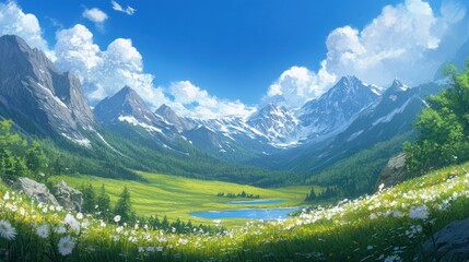 Obraz premium A tranquil alpine valley, rolling green fields stretching to a glistening lake, with towering peaks under a bright blue sky