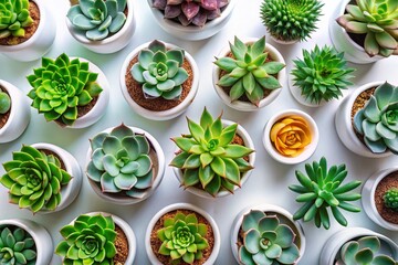 Aerial View of Lush Green Succulents in White Pots - Drone Photography