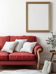 Red Sofa Gold Frame White Pillows Cozy Room Decor
