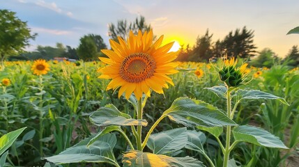 A vibrant sunflower field glowing under a golden summer sunset