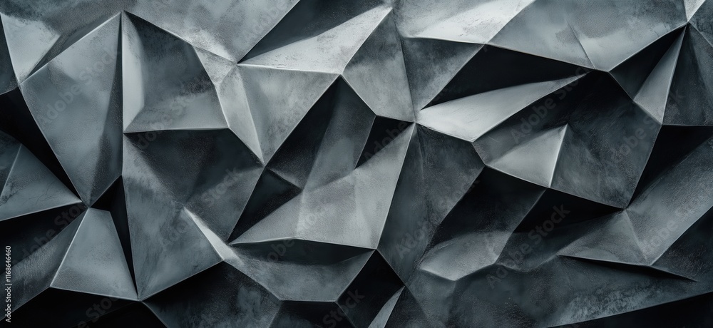 Poster geometric abstract wall design featuring sharp, angular facets and a textured surface in shades of g