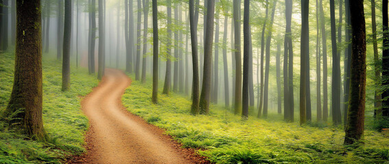 Fototapeta premium Misty forest path winding through lush greenery.