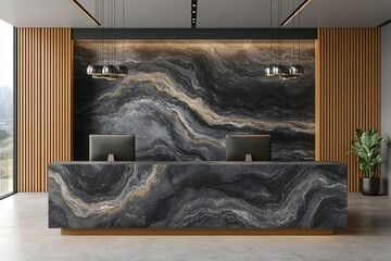 Elegant marble reception desk design in modern office interior with sleek decor