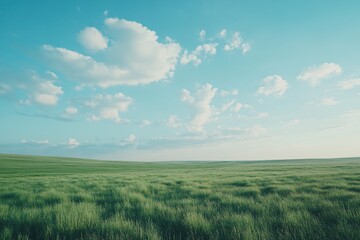 Obraz premium Serene Landscape with Lush Green Grass Under a Clear Blue Sky and Soft Clouds