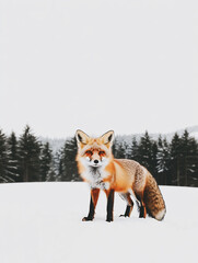 Fototapeta premium Red fox standing in snowy field, winter landscape.