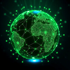 A captivating, 3D render of a glowing green globe, showcasing a complex network of interconnected nodes and lines