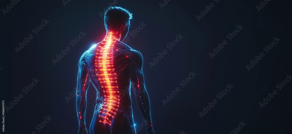 Poster human spine illuminated with glowing neural pathways, showcasing intricate nervous system connection