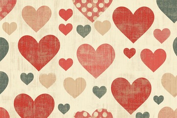 A retro pattern of polka dots and heart shapes in muted red and beige