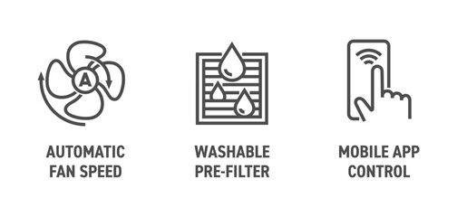 Icons set - Automatic fan speed, Washable pre-filter, App control, in bold line