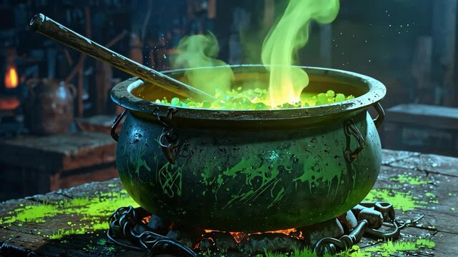 Video footage of bubbling cauldron with a green, glowing potion and a wooden spoon, set in a dimly lit, mystical setting, creating an eerie and enchanted atmosphere