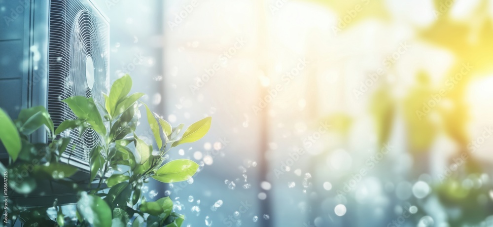 Poster air conditioning unit surrounded by lush green leaves, sunlight filtering through, creating a serene