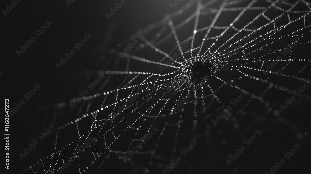 Aufkleber a close-up of a spider web adorned with dew droplets against a dark background.