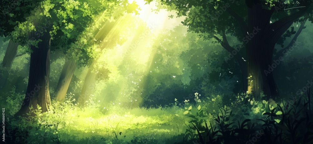 Poster sunlight streaming through lush green forest, illuminating vibrant flora and creating a serene atmos
