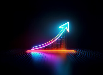 A vibrant, upward trending neon arrow glows against a dark background, symbolizing growth and progress.  Its design incorporates a bar graph, highlighting data increase.