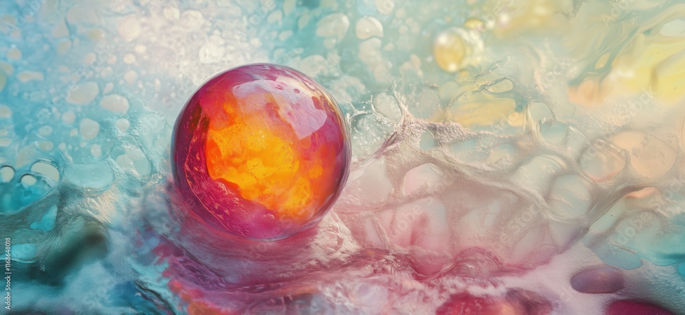 Poster colorful abstract sphere floating in vibrant fluid background with bubbles and swirls, showcasing in
