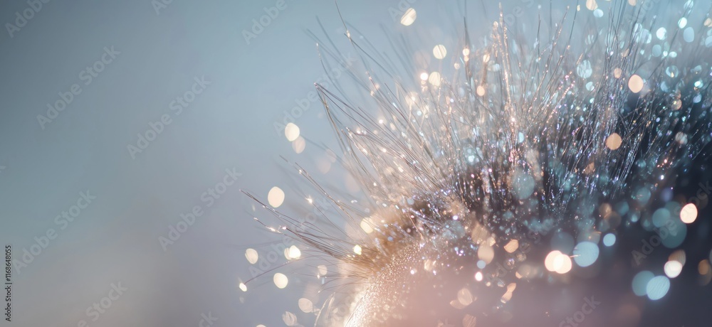 Aufkleber macro close-up of shimmering hair-like structures with sparkling bokeh effect, soft pastel backgroun