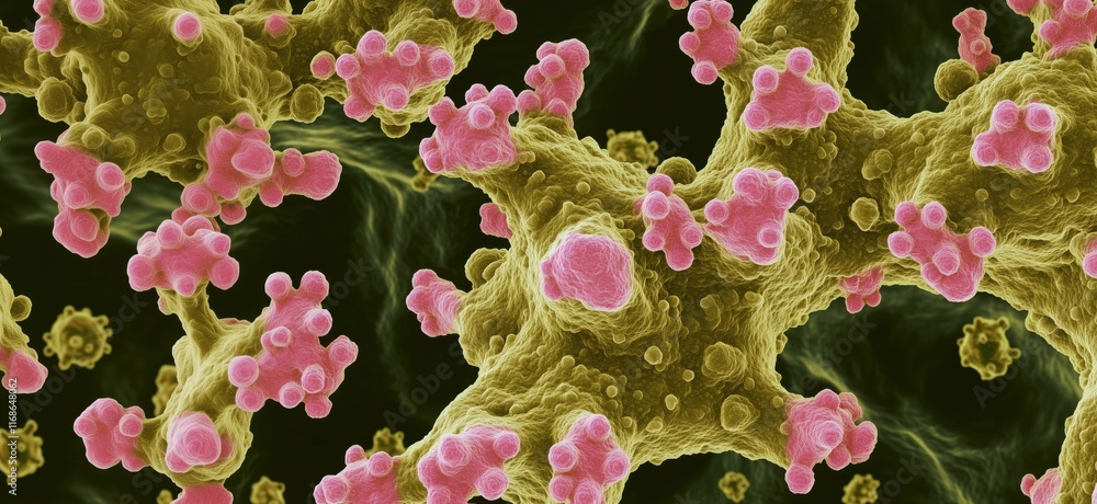 Poster microscopic view of virus particles interacting with host cells, showcasing intricate details of vir