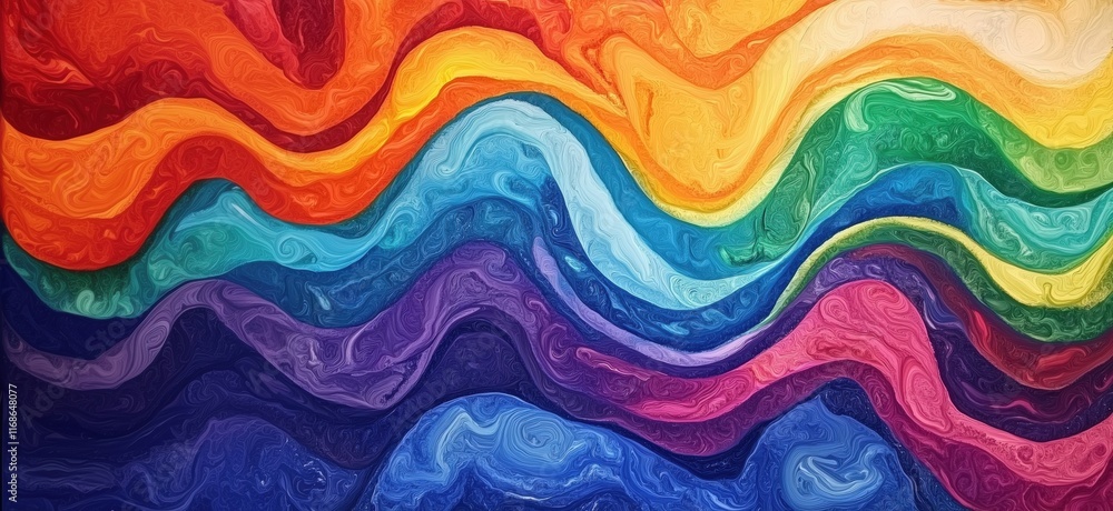 Poster vibrant abstract waves in rainbow colors with fluid patterns and textures, copy space for text