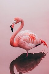 Obraz premium A graceful flamingo stands in shallow water, showcasing its vibrant pink feathers.