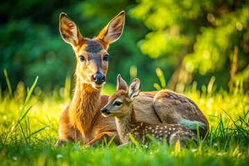 Aerial View of Roe Deer Doe with Fawn in Meadow - Capreolus capreolus