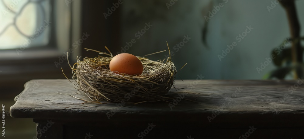 Poster nest with single egg on rustic wooden table in soft natural light, copy space for text