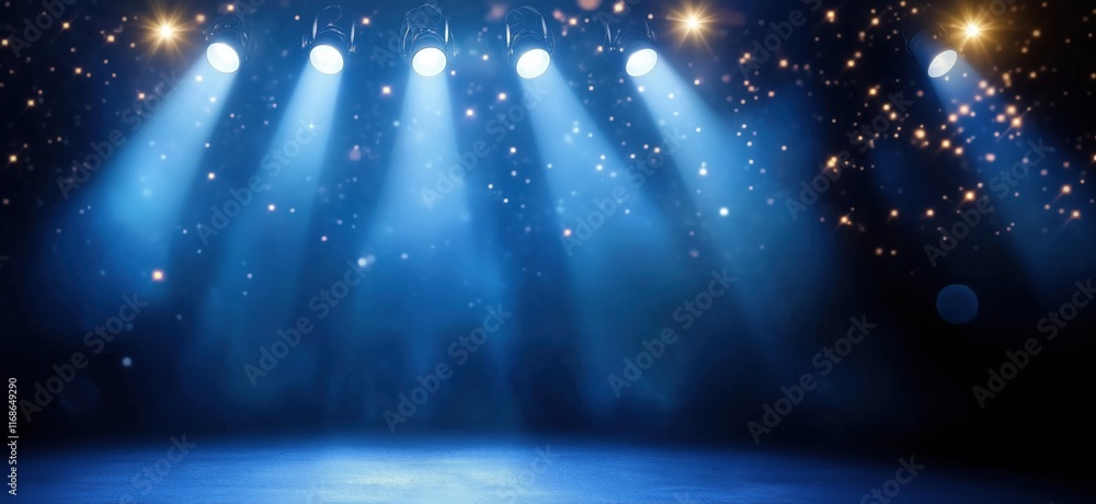 Poster stage lighting with blue spotlights illuminating empty performance area, creating dramatic atmospher