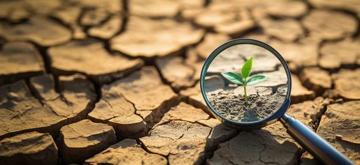 Fleecedeken met foto Magnifying glass revealing resilient green plant sprouting from cracked dry earth, symbolizing hope and survival in drought conditions, copy space for text © k_viktar