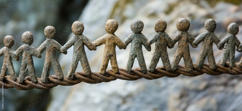 Poster unity and connection symbolized by metal figures holding hands on a chain link, representing communi