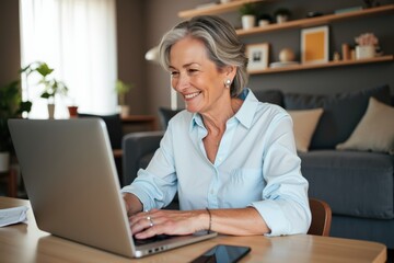 Smiling Senior Woman Working on Laptop in Comfortable Living Room - Perfect for Aging, Retirement, and Technology Concepts